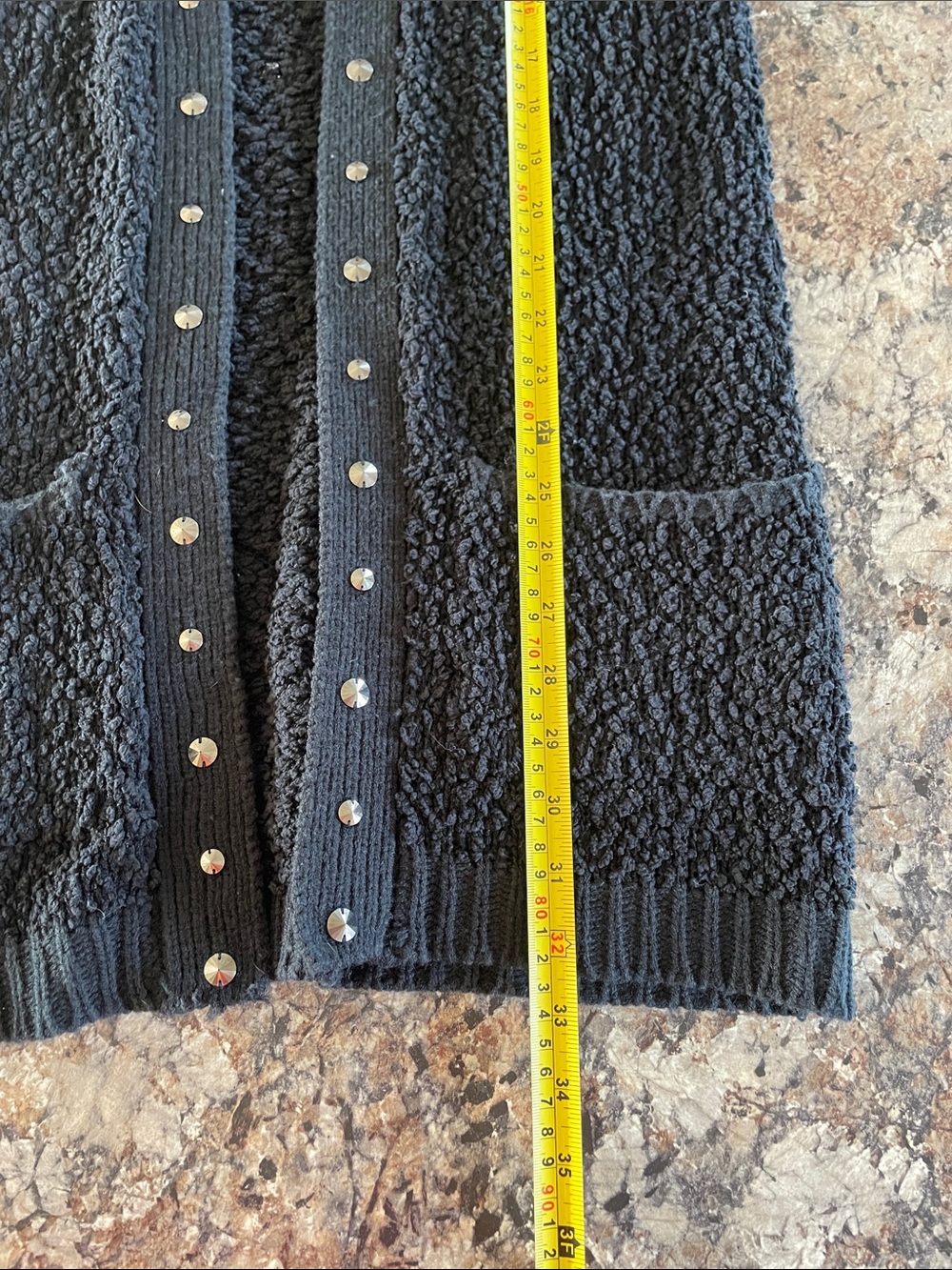 Foxiedox Black Studded Bouclé Open Cardigan Sweater M Goth Grunge Cozy Longline - Picture 10 of 10